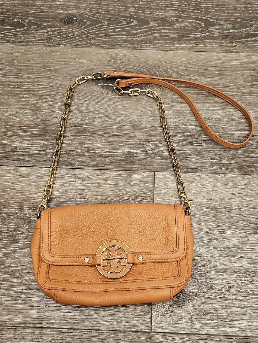 TORY BURCH Tan Leather Crossbody Bag Gold Logo Amanda Mini Chain Strap Purse